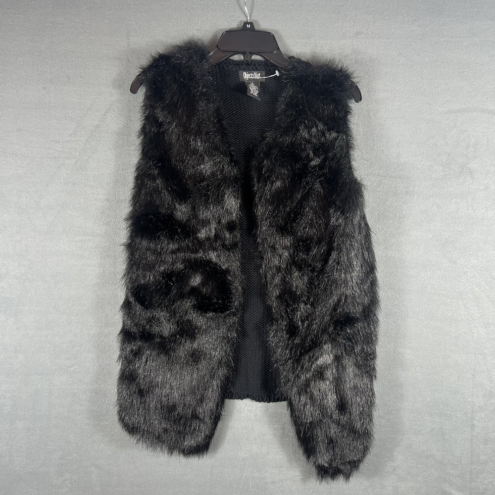 Objects d'Art Women's Black Faux Fur Knit Vest Size M Sleeveless Shaggy Soft